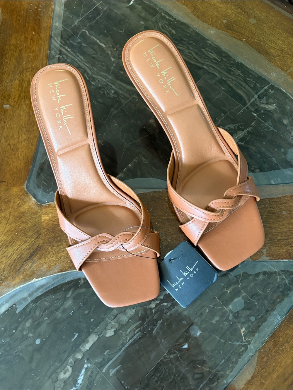 kate spade Tan Braided Square-Toe Slide Mules